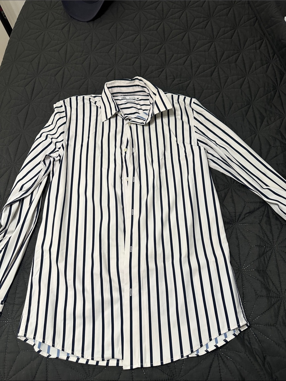 Classic Men's White Silk Shirt with Navy Vertical Stripes